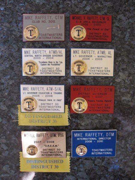 Mike Raffety's Toastmasters badges, from CTM to ID